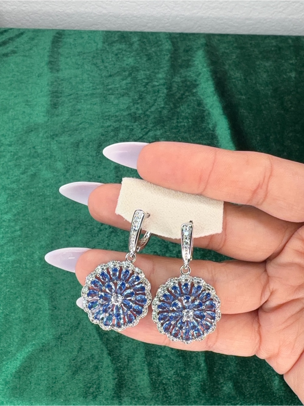 14K Gold Plated Blue Crystal Floral Drop Earrings